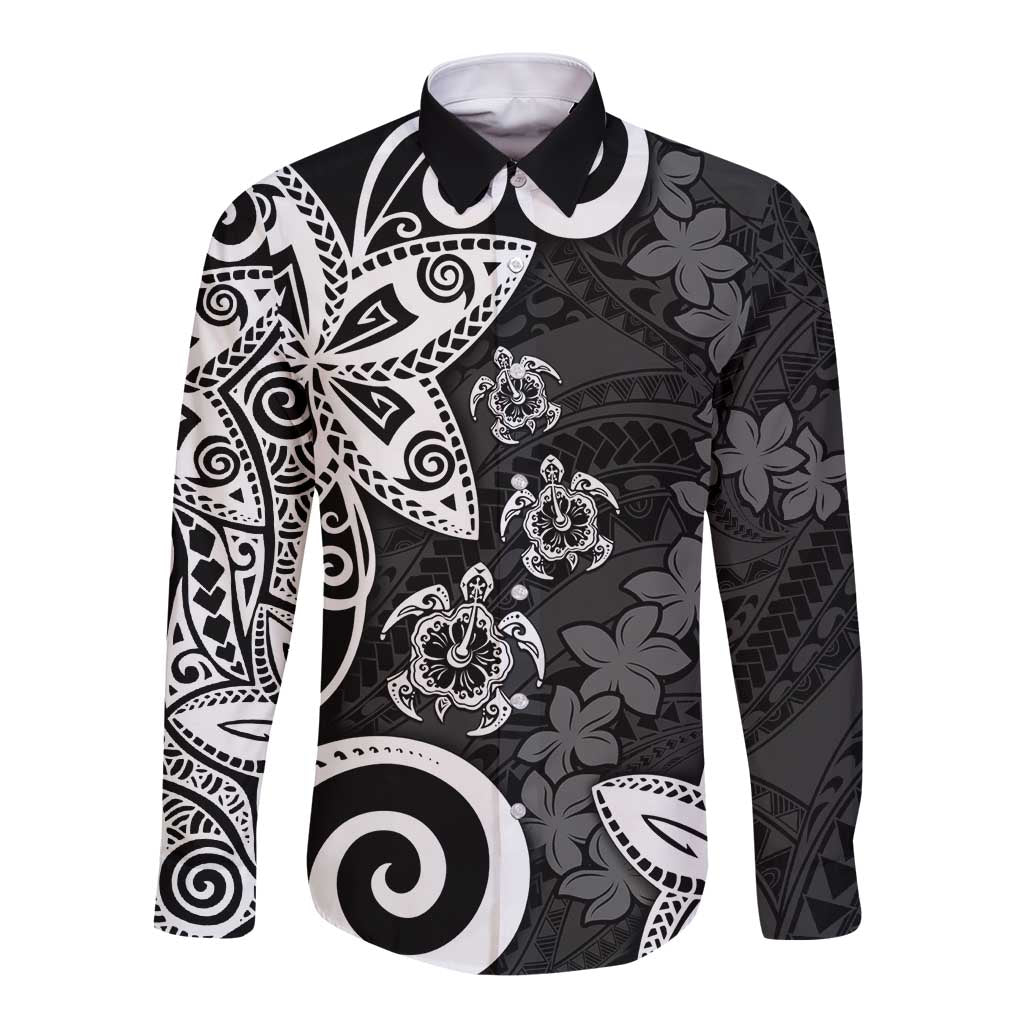 Polynesia Long Sleeve Button Shirt Black Tribal Turtle Floral Pattern LT05 Unisex Black - Polynesian Pride