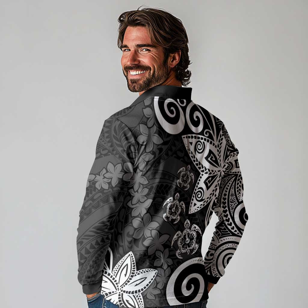 Polynesia Long Sleeve Polo Shirt Black Tribal Turtle Floral Pattern