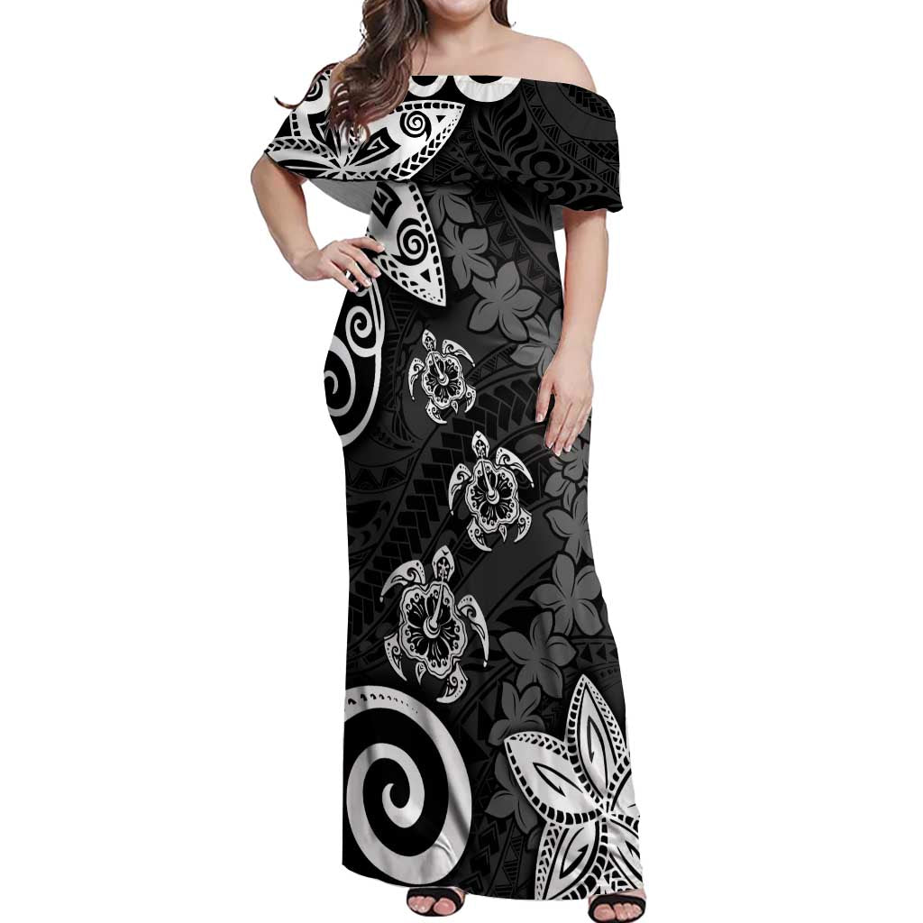 Polynesia Off Shoulder Maxi Dress Black Tribal Turtle Floral Pattern LT05 Women Black - Polynesian Pride