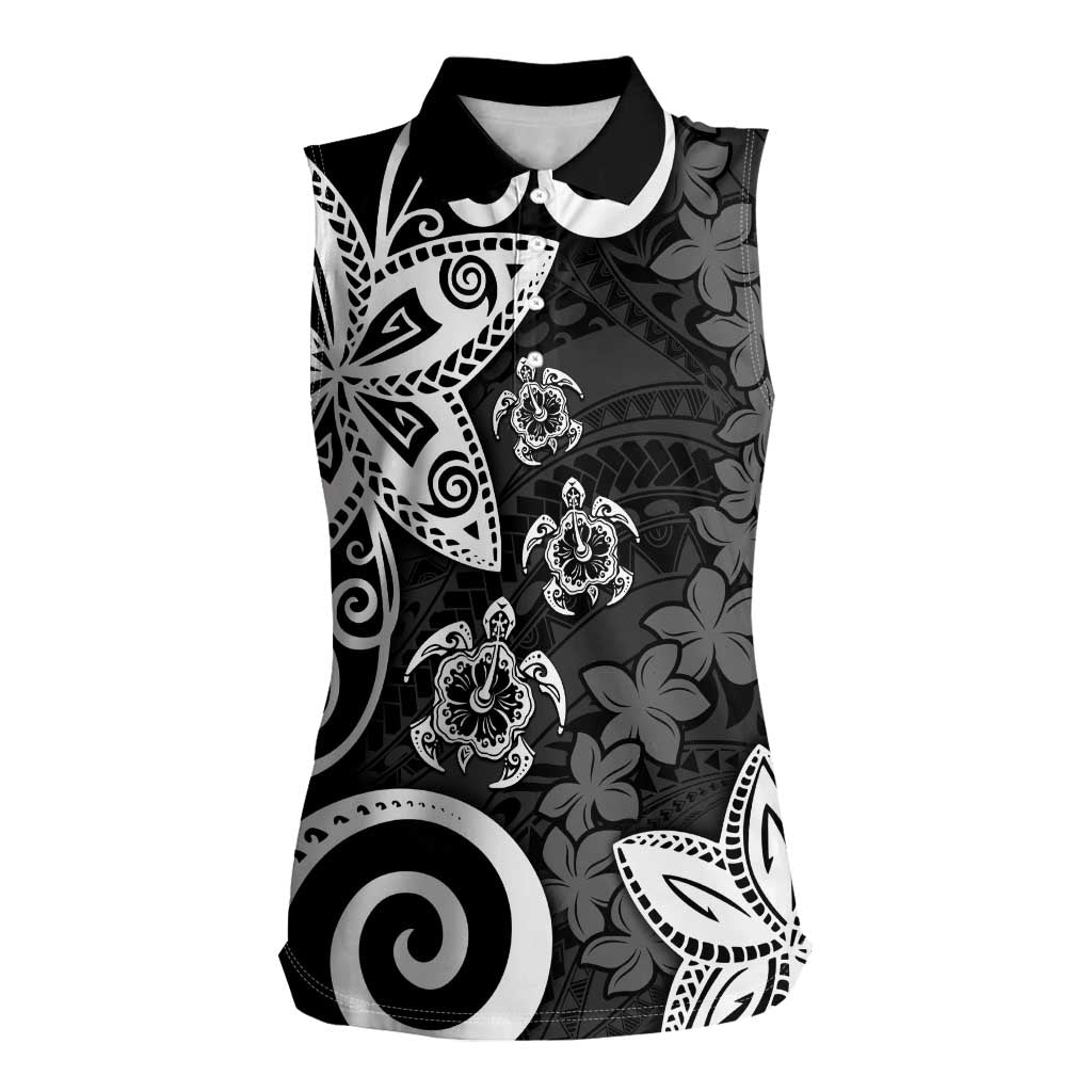 Polynesia Women Sleeveless Polo Shirt Black Tribal Turtle Floral Pattern