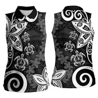 Polynesia Women Sleeveless Polo Shirt Black Tribal Turtle Floral Pattern