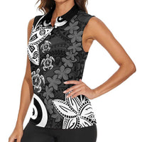 Polynesia Women Sleeveless Polo Shirt Black Tribal Turtle Floral Pattern