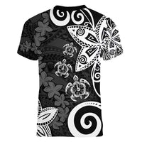 Polynesia Women V-Neck T-Shirt Black Tribal Turtle Floral Pattern