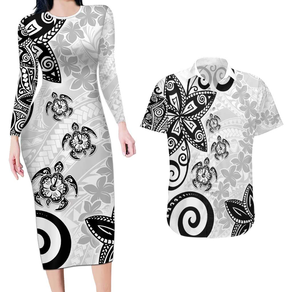 Polynesia Couples Matching Long Sleeve Bodycon Dress and Hawaiian Shirt White Tribal Turtle Floral Pattern LT05 White - Polynesian Pride