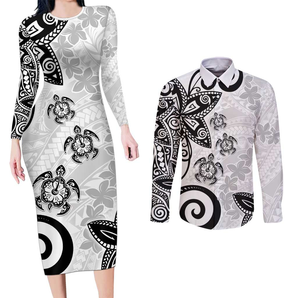 Polynesia Couples Matching Long Sleeve Bodycon Dress and Long Sleeve Button Shirt White Tribal Turtle Floral Pattern