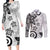 Polynesia Couples Matching Long Sleeve Bodycon Dress and Long Sleeve Button Shirt White Tribal Turtle Floral Pattern