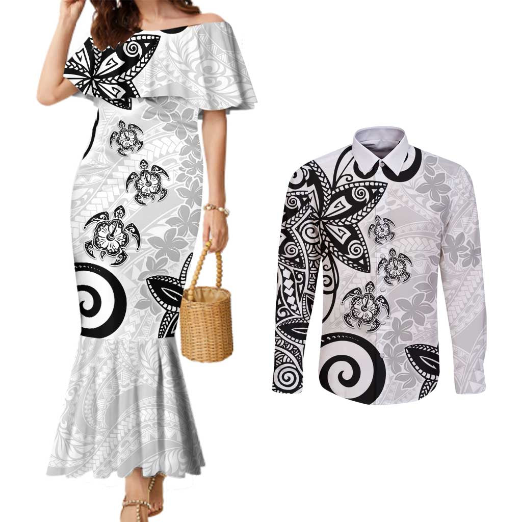 Polynesia Couples Matching Mermaid Dress and Long Sleeve Button Shirt White Tribal Turtle Floral Pattern