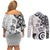 Polynesia Couples Matching Off Shoulder Short Dress and Long Sleeve Button Shirt White Tribal Turtle Floral Pattern