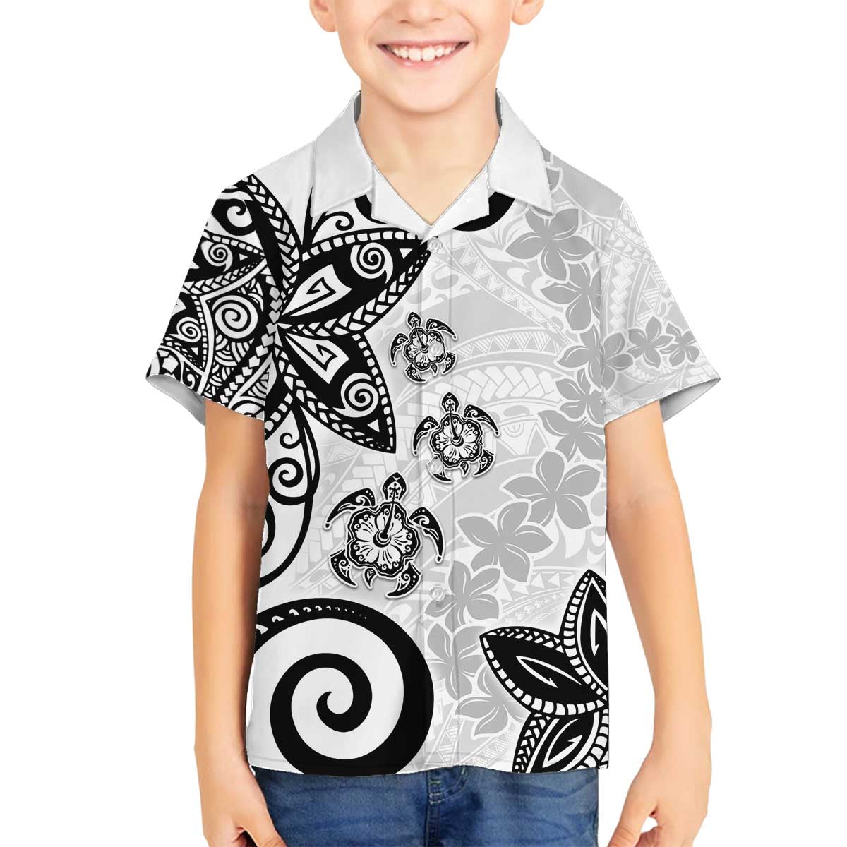 Polynesia Family Matching Off The Shoulder Long Sleeve Dress and Hawaiian Shirt White Tribal Turtle Floral Pattern