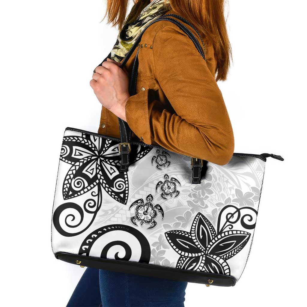 Polynesia Leather Tote Bag White Tribal Turtle Floral Pattern LT05 White - Polynesian Pride