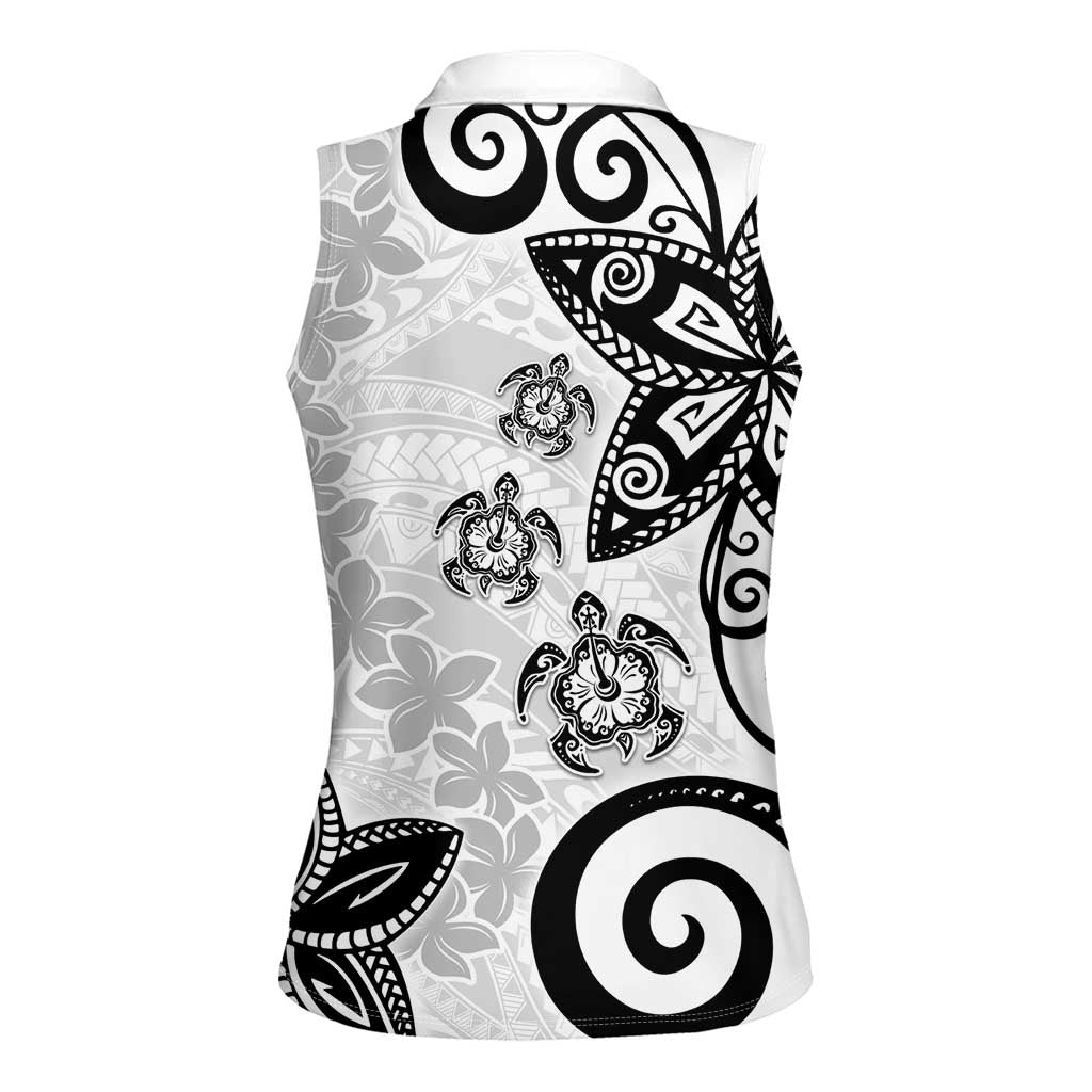 Polynesia Women Sleeveless Polo Shirt White Tribal Turtle Floral Pattern