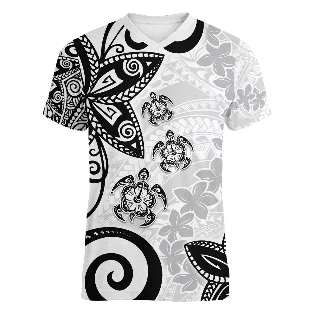 Polynesia Women V-Neck T-Shirt White Tribal Turtle Floral Pattern