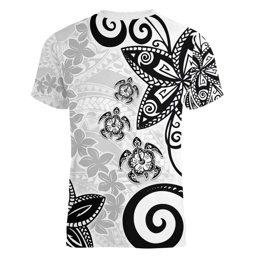 Polynesia Women V-Neck T-Shirt White Tribal Turtle Floral Pattern