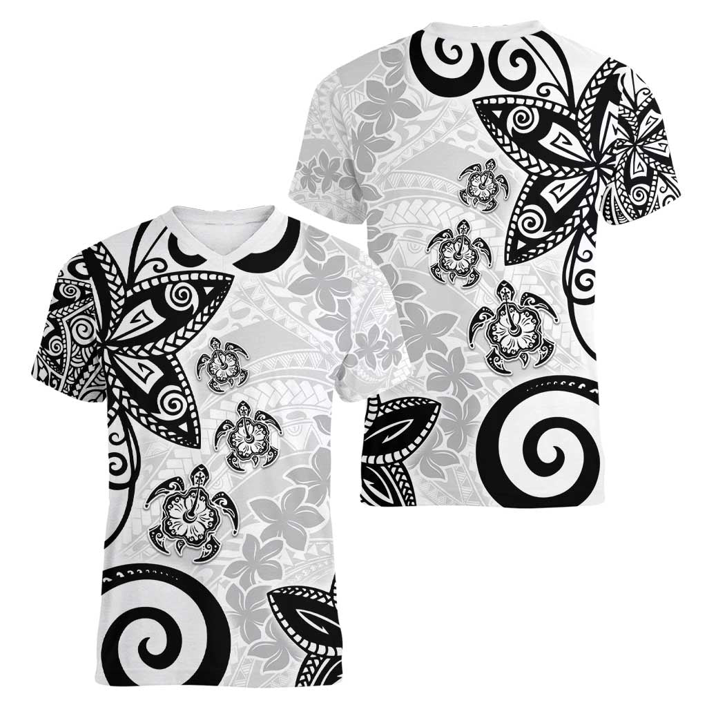 Polynesia Women V-Neck T-Shirt White Tribal Turtle Floral Pattern