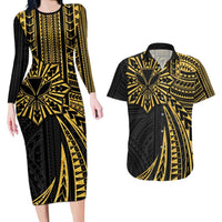 Hawaii And Philippines Couples Matching Long Sleeve Bodycon Dress and Hawaiian Shirt Kanaka Maoli With Tribal Sun Together Gold LT05 Gold - Polynesian Pride