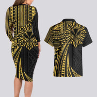 Hawaii And Philippines Couples Matching Long Sleeve Bodycon Dress and Hawaiian Shirt Kanaka Maoli With Tribal Sun Together Gold LT05 - Polynesian Pride
