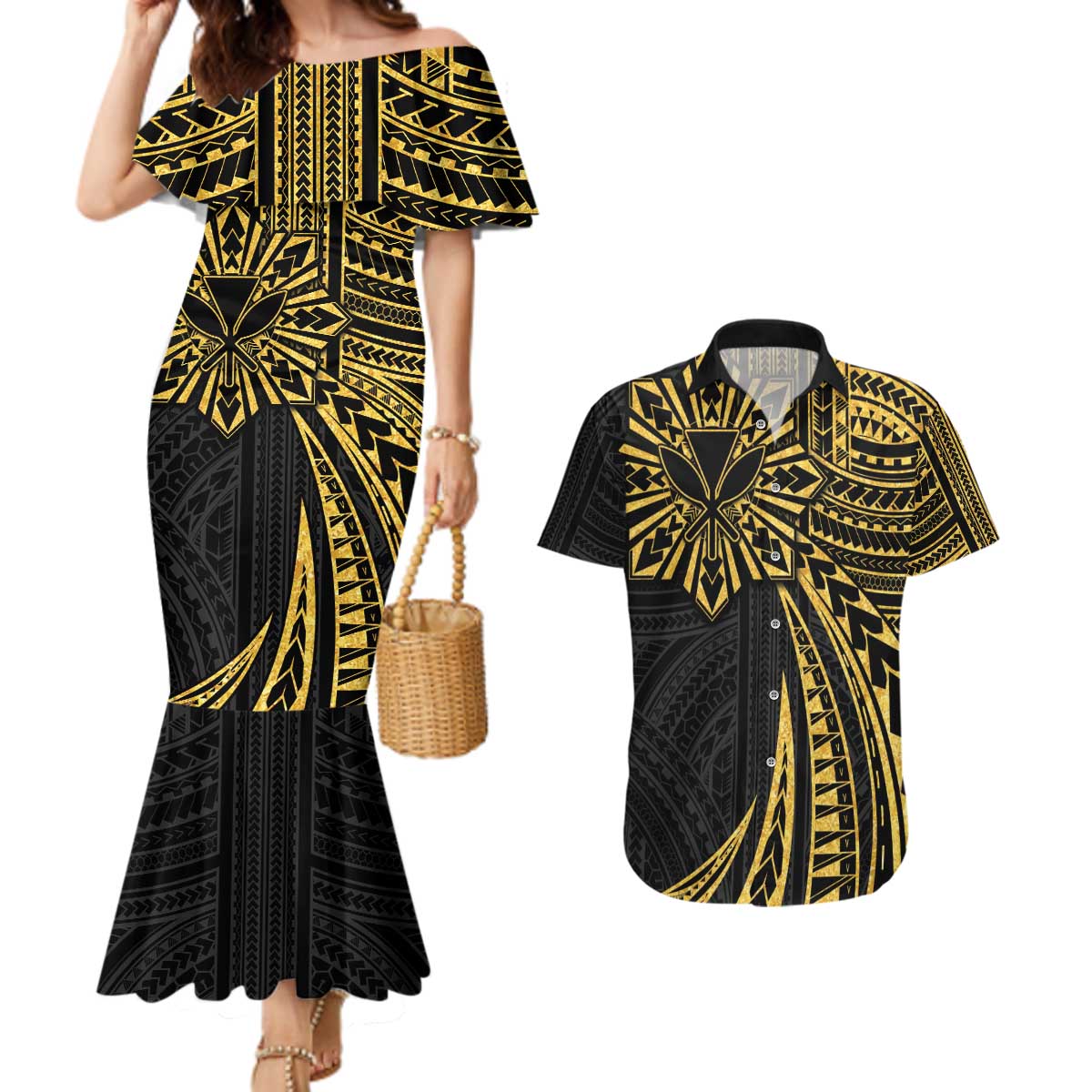 Hawaii And Philippines Couples Matching Mermaid Dress and Hawaiian Shirt Kanaka Maoli With Tribal Sun Together Gold LT05 Gold - Polynesian Pride