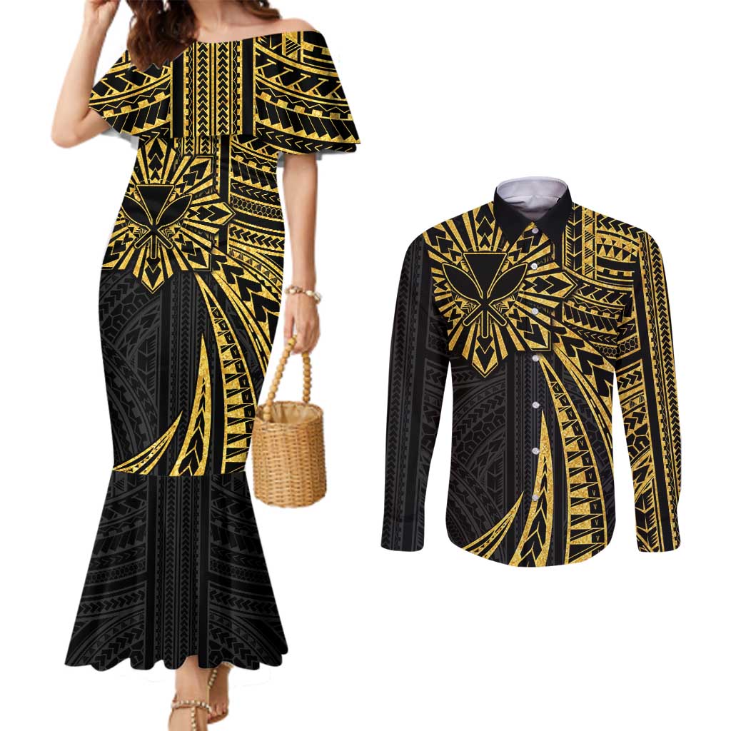 Hawaii And Philippines Couples Matching Mermaid Dress and Long Sleeve Button Shirt Kanaka Maoli With Tribal Sun Together Gold LT05 Gold - Polynesian Pride