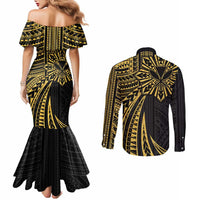 Hawaii And Philippines Couples Matching Mermaid Dress and Long Sleeve Button Shirt Kanaka Maoli With Tribal Sun Together Gold LT05 - Polynesian Pride