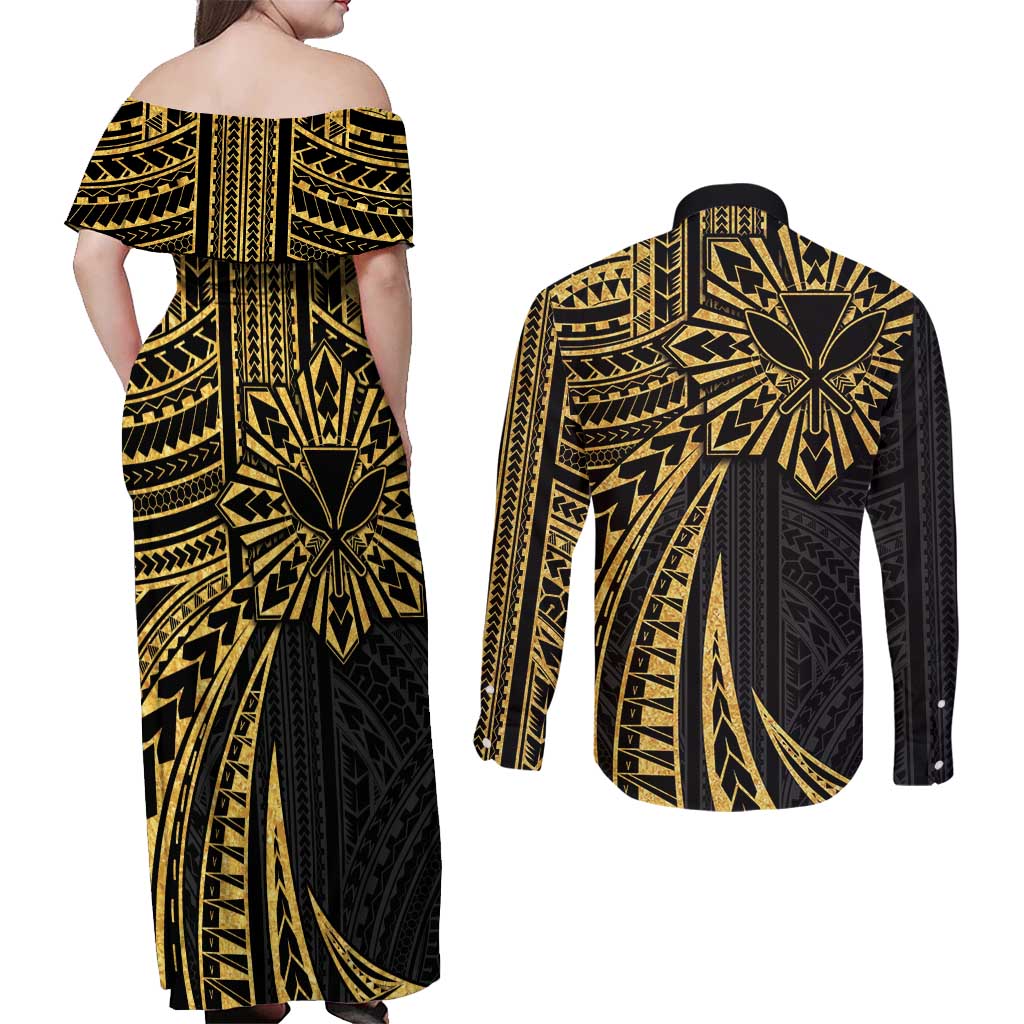 Hawaii And Philippines Couples Matching Off Shoulder Maxi Dress and Long Sleeve Button Shirt Kanaka Maoli With Tribal Sun Together Gold LT05 - Polynesian Pride