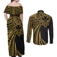 Hawaii And Philippines Couples Matching Off Shoulder Maxi Dress and Long Sleeve Button Shirt Kanaka Maoli With Tribal Sun Together Gold LT05 - Polynesian Pride