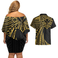 Hawaii And Philippines Couples Matching Off Shoulder Short Dress and Hawaiian Shirt Kanaka Maoli With Tribal Sun Together Gold LT05 - Polynesian Pride