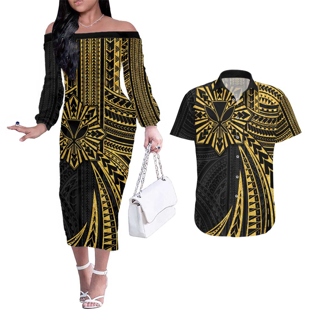 Hawaii And Philippines Couples Matching Off The Shoulder Long Sleeve Dress and Hawaiian Shirt Kanaka Maoli With Tribal Sun Together Gold LT05 Gold - Polynesian Pride