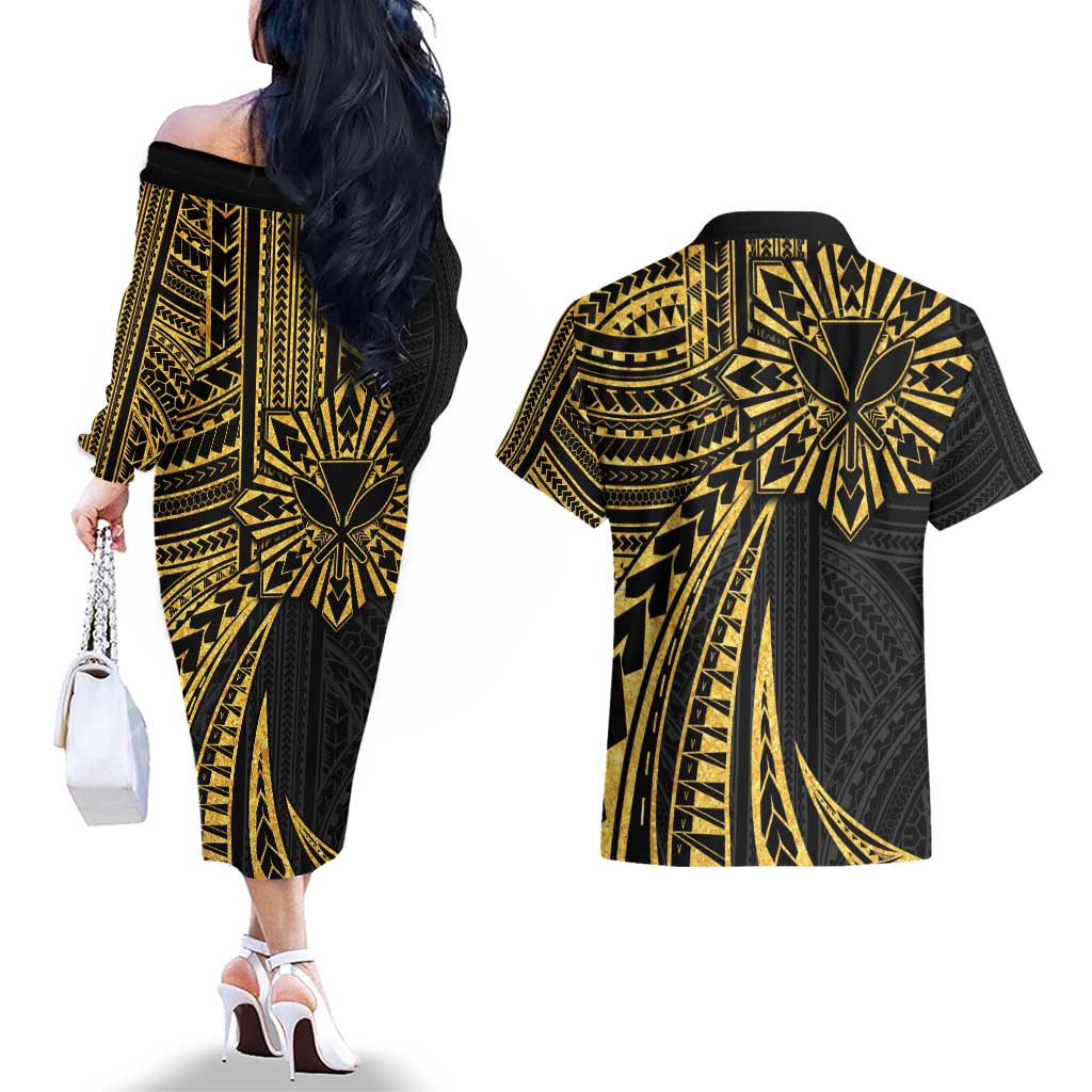 Hawaii And Philippines Couples Matching Off The Shoulder Long Sleeve Dress and Hawaiian Shirt Kanaka Maoli With Tribal Sun Together Gold LT05 - Polynesian Pride