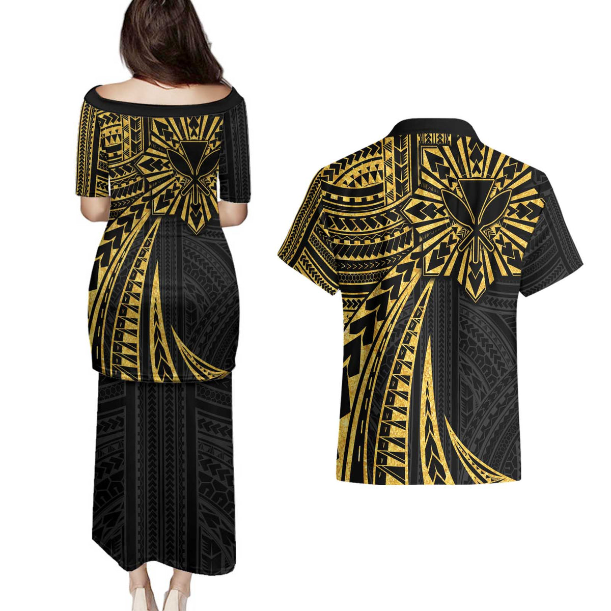 Hawaii And Philippines Couples Matching Puletasi and Hawaiian Shirt Kanaka Maoli With Tribal Sun Together Gold LT05 - Polynesian Pride