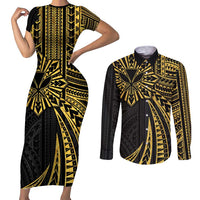 Hawaii And Philippines Couples Matching Short Sleeve Bodycon Dress and Long Sleeve Button Shirt Kanaka Maoli With Tribal Sun Together Gold LT05 Gold - Polynesian Pride