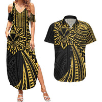 Hawaii And Philippines Couples Matching Summer Maxi Dress and Hawaiian Shirt Kanaka Maoli With Tribal Sun Together Gold LT05 Gold - Polynesian Pride