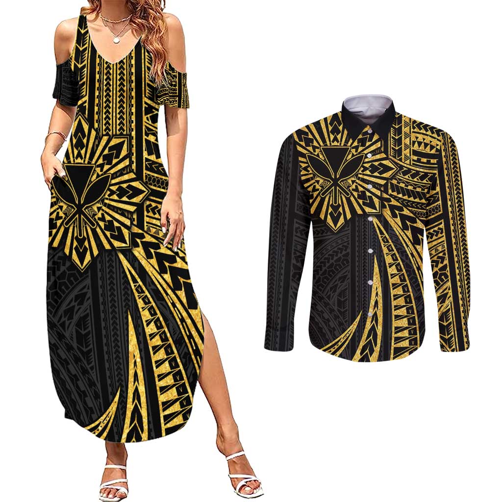 Hawaii And Philippines Couples Matching Summer Maxi Dress and Long Sleeve Button Shirt Kanaka Maoli With Tribal Sun Together Gold LT05 Gold - Polynesian Pride