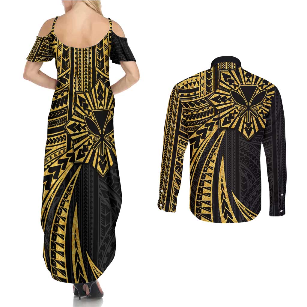 Hawaii And Philippines Couples Matching Summer Maxi Dress and Long Sleeve Button Shirt Kanaka Maoli With Tribal Sun Together Gold LT05 - Polynesian Pride