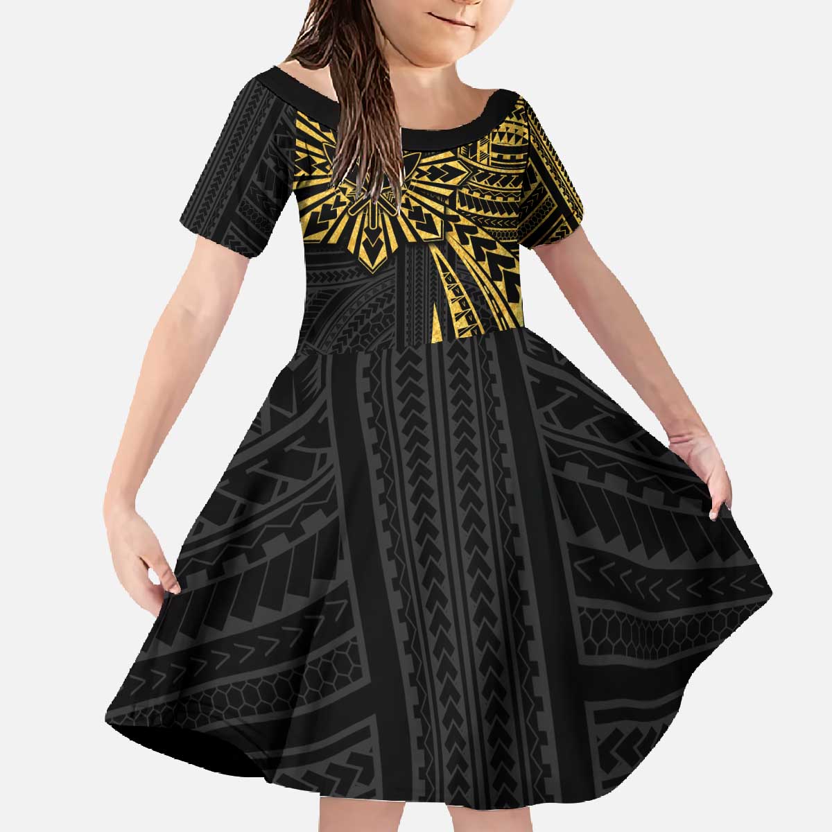 Hawaii And Philippines Family Matching Off The Shoulder Long Sleeve Dress and Hawaiian Shirt Kanaka Maoli With Tribal Sun Together Gold LT05 Daughter's Dress Gold - Polynesian Pride