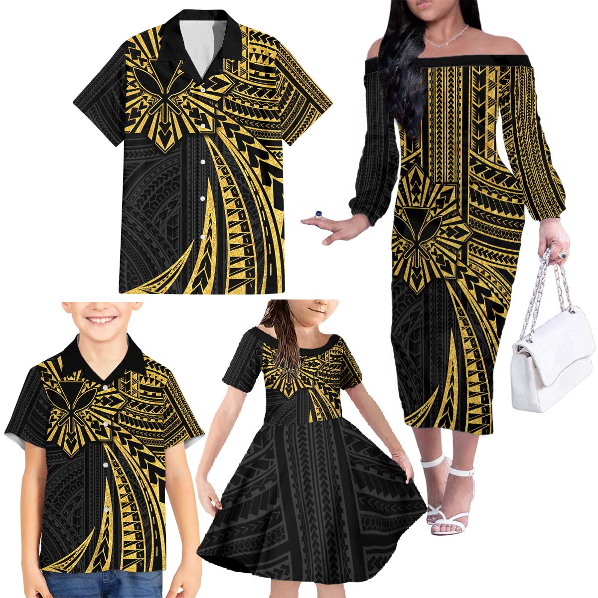 Hawaii And Philippines Family Matching Off The Shoulder Long Sleeve Dress and Hawaiian Shirt Kanaka Maoli With Tribal Sun Together Gold LT05 - Polynesian Pride