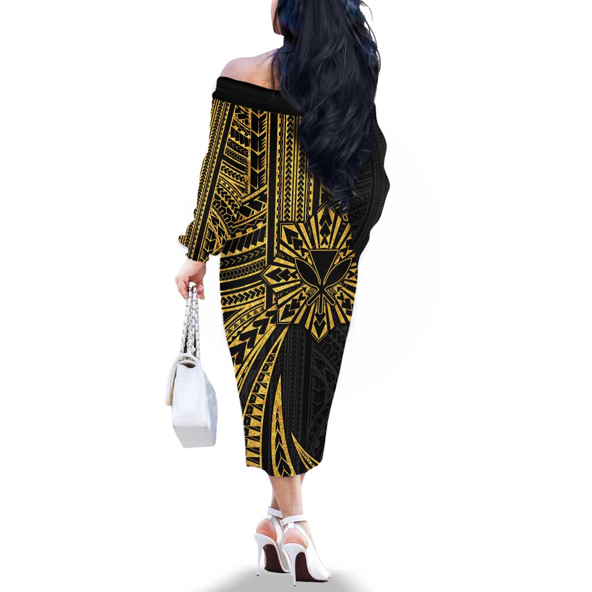 Hawaii And Philippines Family Matching Off The Shoulder Long Sleeve Dress and Hawaiian Shirt Kanaka Maoli With Tribal Sun Together Gold LT05 - Polynesian Pride