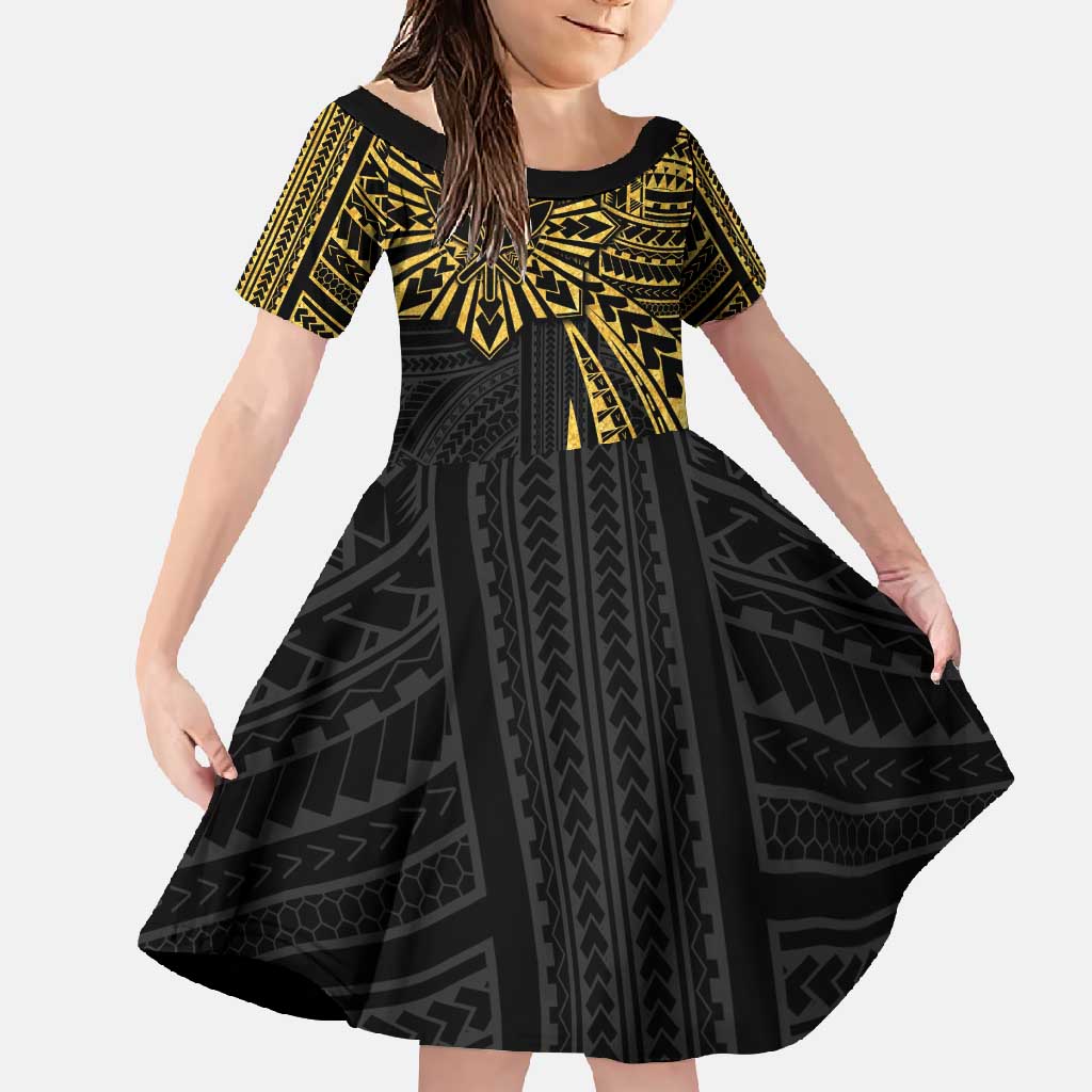 Hawaii And Philippines Family Matching Off Shoulder Maxi Dress and Hawaiian Shirt Kanaka Maoli With Tribal Sun Together Gold LT05 Daughter's Dress Gold - Polynesian Pride