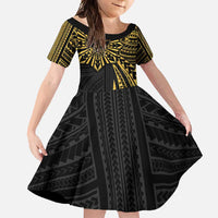 Hawaii And Philippines Family Matching Off Shoulder Maxi Dress and Hawaiian Shirt Kanaka Maoli With Tribal Sun Together Gold LT05 Daughter's Dress Gold - Polynesian Pride