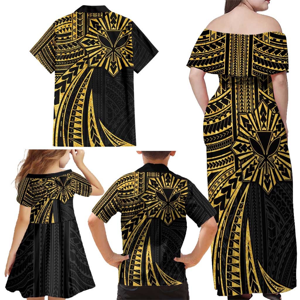 Hawaii And Philippines Family Matching Off Shoulder Maxi Dress and Hawaiian Shirt Kanaka Maoli With Tribal Sun Together Gold LT05 - Polynesian Pride