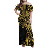 Hawaii And Philippines Family Matching Off Shoulder Maxi Dress and Hawaiian Shirt Kanaka Maoli With Tribal Sun Together Gold LT05 Mom's Dress Gold - Polynesian Pride