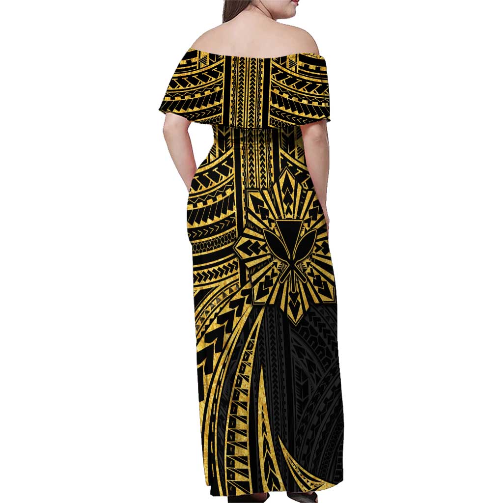 Hawaii And Philippines Family Matching Off Shoulder Maxi Dress and Hawaiian Shirt Kanaka Maoli With Tribal Sun Together Gold LT05 - Polynesian Pride