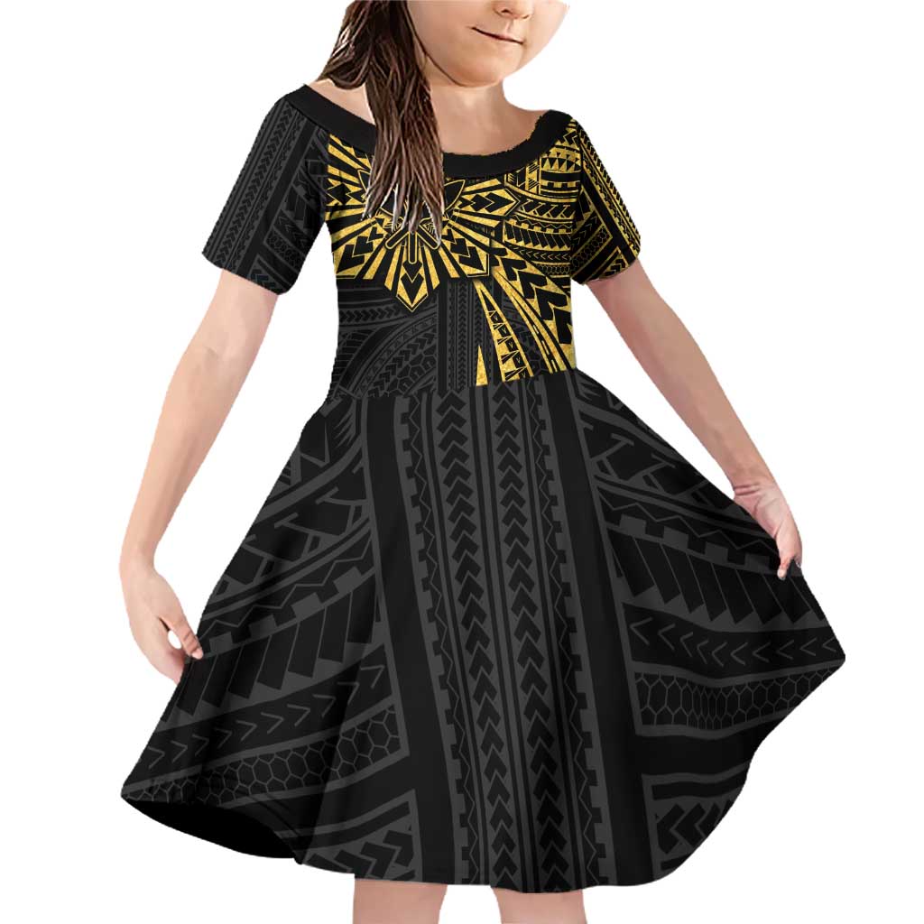 Hawaii And Philippines Family Matching Off Shoulder Short Dress and Hawaiian Shirt Kanaka Maoli With Tribal Sun Together Gold LT05 Daughter's Dress Gold - Polynesian Pride