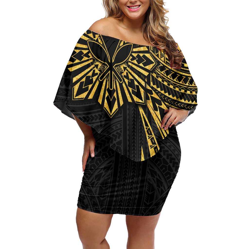 Hawaii And Philippines Family Matching Off Shoulder Short Dress and Hawaiian Shirt Kanaka Maoli With Tribal Sun Together Gold LT05 Mom's Dress Gold - Polynesian Pride