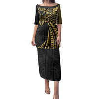 Hawaii And Philippines Family Matching Puletasi and Hawaiian Shirt Kanaka Maoli With Tribal Sun Together Gold LT05 Mom's Dress Gold - Polynesian Pride