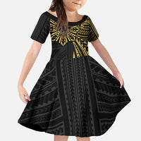 Hawaii And Philippines Family Matching Short Sleeve Bodycon Dress and Hawaiian Shirt Kanaka Maoli With Tribal Sun Together Gold LT05 Daughter's Dress Gold - Polynesian Pride
