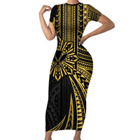 Hawaii And Philippines Family Matching Short Sleeve Bodycon Dress and Hawaiian Shirt Kanaka Maoli With Tribal Sun Together Gold LT05 Mom's Dress Gold - Polynesian Pride