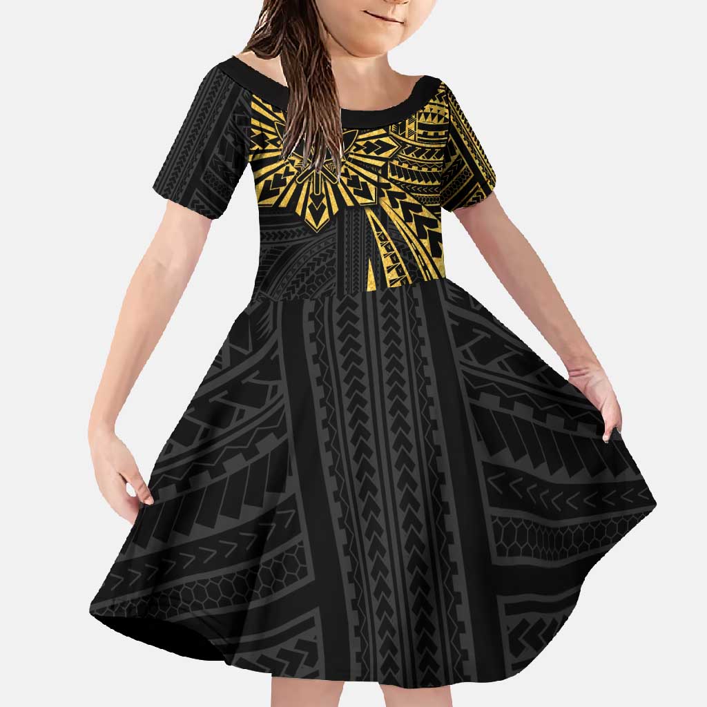 Hawaii And Philippines Family Matching Summer Maxi Dress and Hawaiian Shirt Kanaka Maoli With Tribal Sun Together Gold LT05 Daughter's Dress Gold - Polynesian Pride