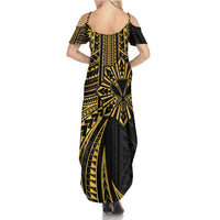 Hawaii And Philippines Family Matching Summer Maxi Dress and Hawaiian Shirt Kanaka Maoli With Tribal Sun Together Gold LT05 - Polynesian Pride