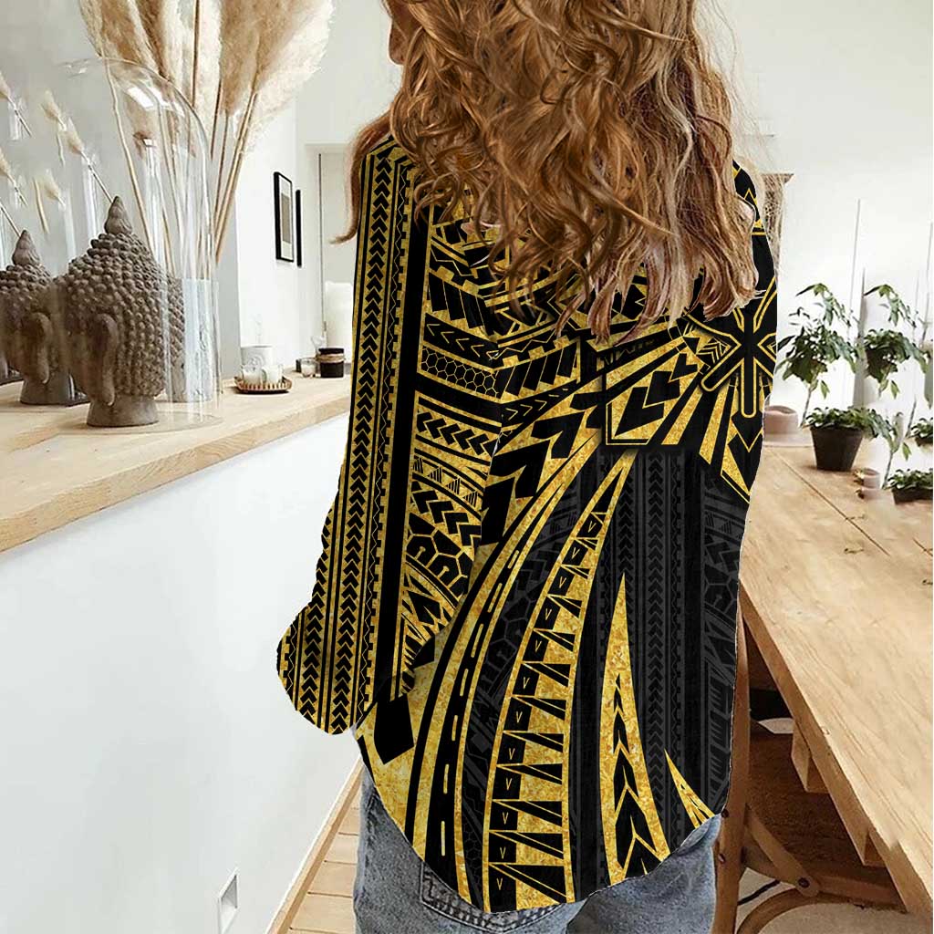 Hawaii And Philippines Women Casual Shirt Kanaka Maoli With Tribal Sun Together Gold LT05 - Polynesian Pride