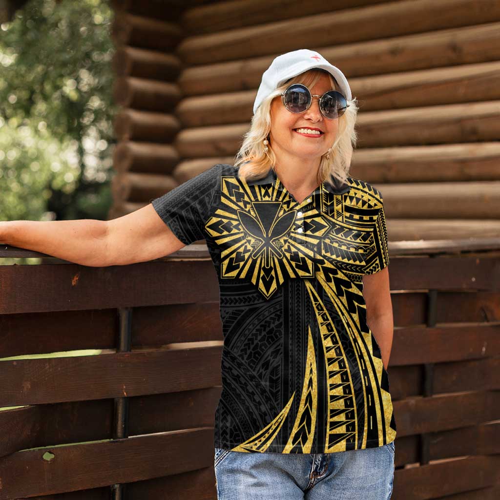 Hawaii And Philippines Women Polo Shirt Kanaka Maoli With Tribal Sun Together Gold LT05 - Polynesian Pride